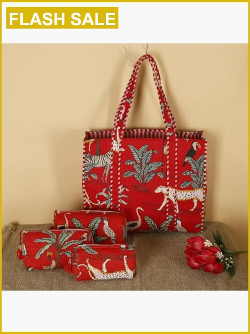 Women's Lightweight Travel Tote Bag Set with 3 Matching Pouches Cotton Shoulder